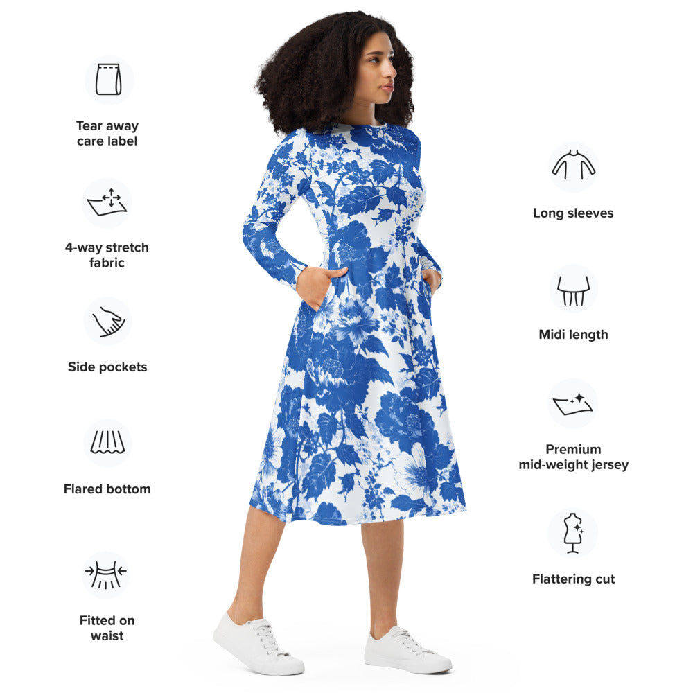 All-over print long sleeve midi dress 373kl2