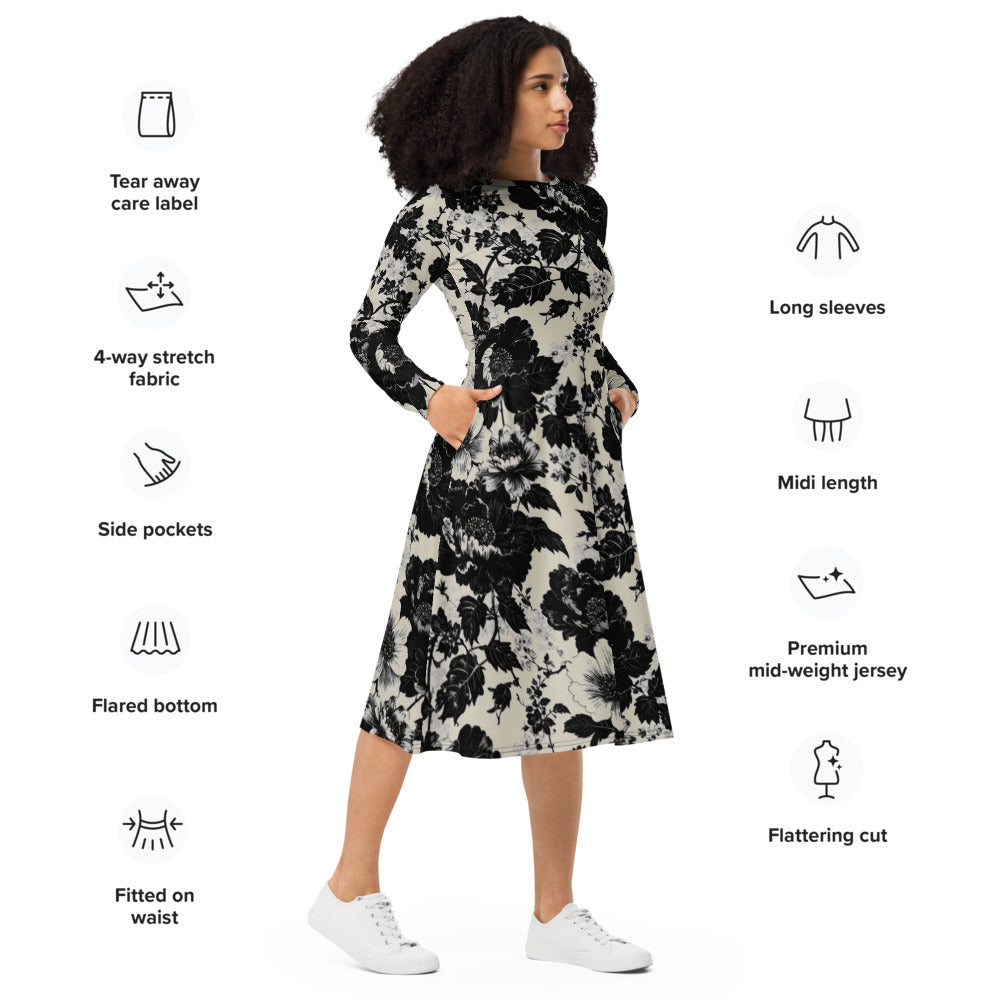 All-over print long sleeve midi dress 373kl10