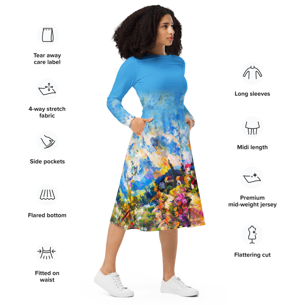 All-over print long sleeve midi dress 374Ckl1