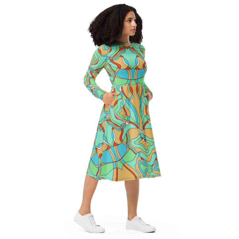 All-over print long sleeve midi dress 379kl2